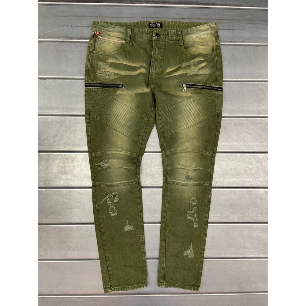 Square Zero Slim Straight‎ Jeans Mens 40x33 Green Denim Faded Distressed Moto